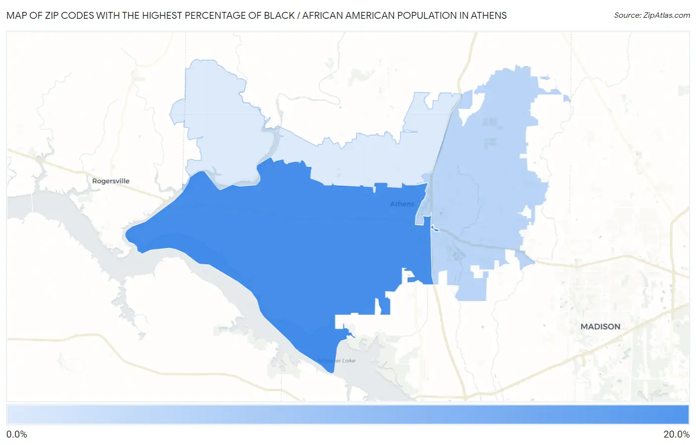 Zip Codes with the Highest Percentage of Black / African American Population in Athens Map