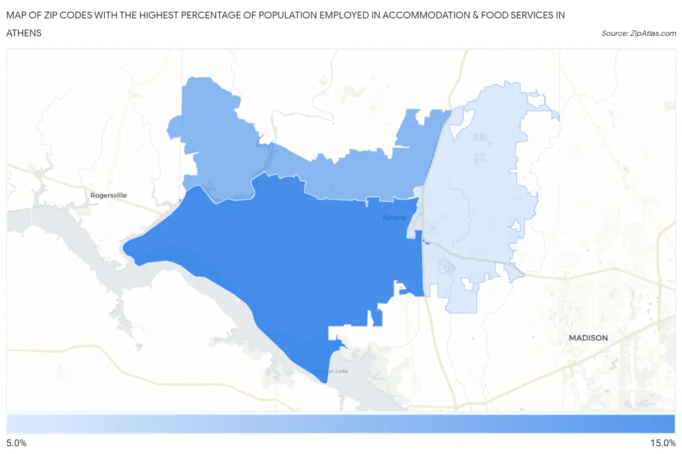 Zip Codes with the Highest Percentage of Population Employed in Accommodation & Food Services in Athens Map