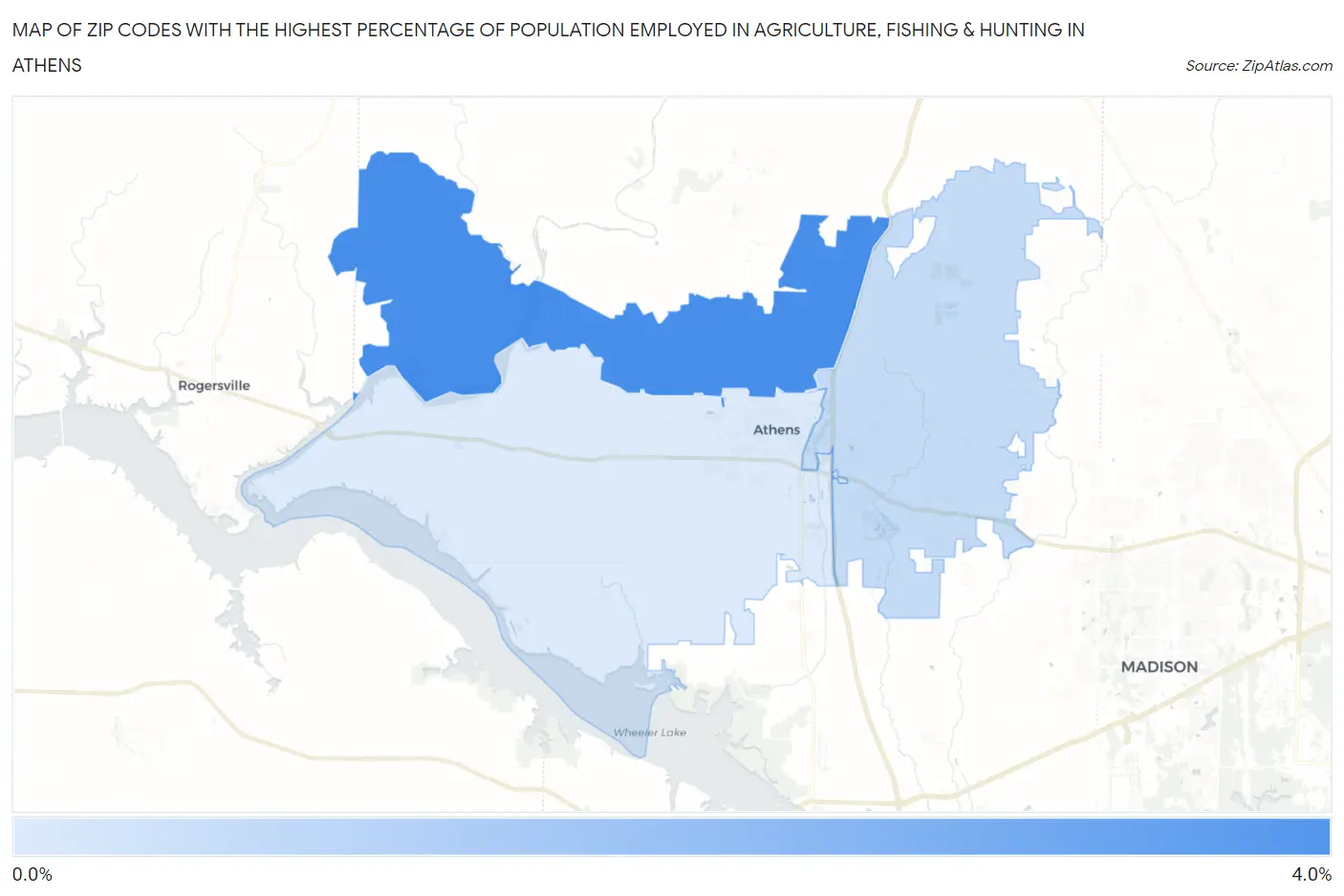 Zip Codes with the Highest Percentage of Population Employed in Agriculture, Fishing & Hunting in Athens Map