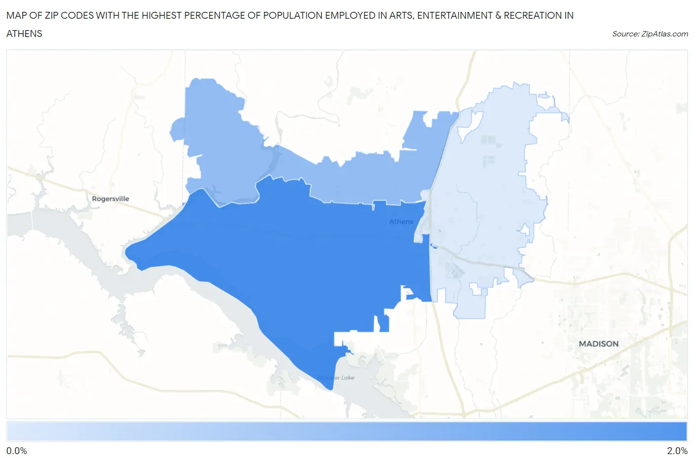 Zip Codes with the Highest Percentage of Population Employed in Arts, Entertainment & Recreation in Athens Map