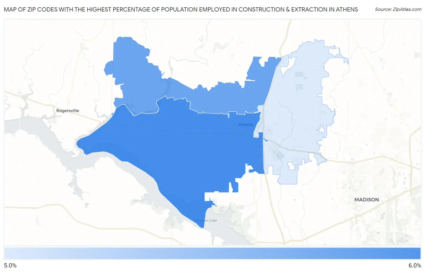 Zip Codes with the Highest Percentage of Population Employed in Construction & Extraction in Athens Map