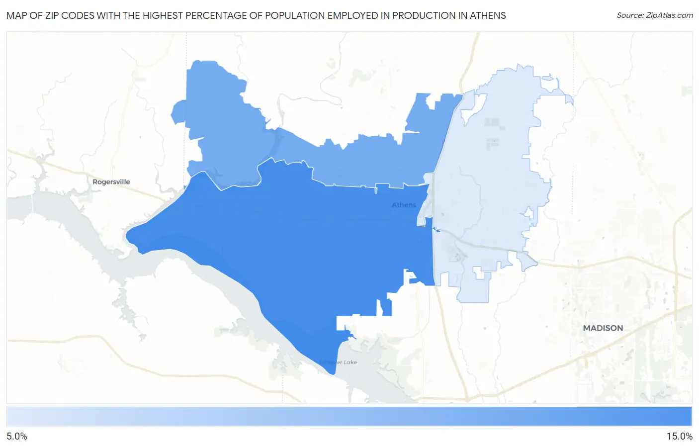 Zip Codes with the Highest Percentage of Population Employed in Production in Athens Map