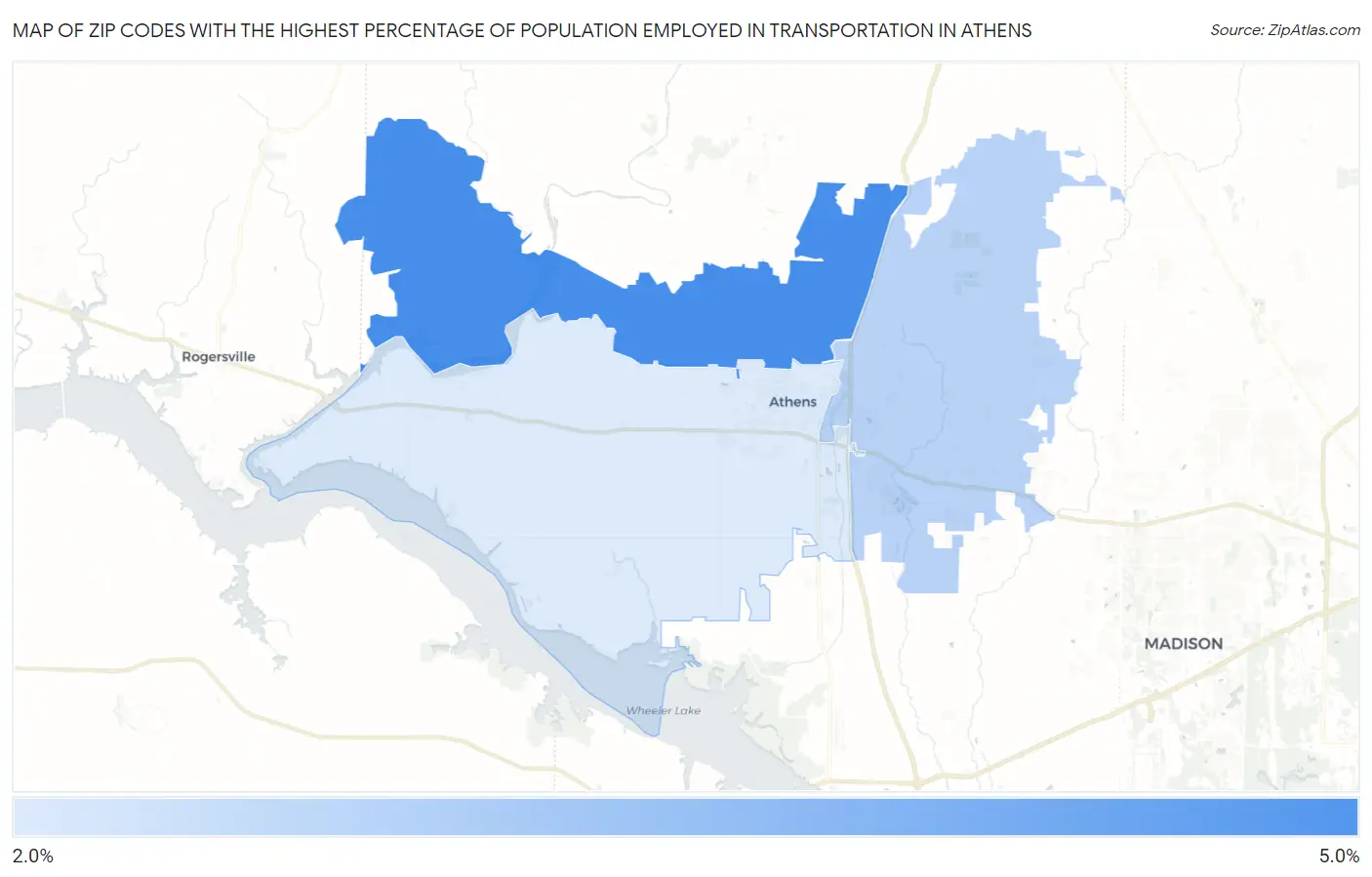 Zip Codes with the Highest Percentage of Population Employed in Transportation in Athens Map