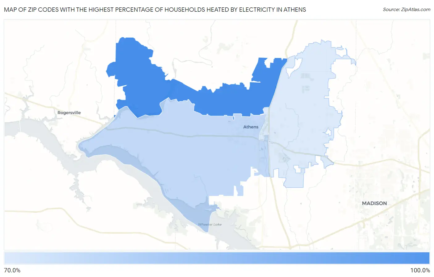 Zip Codes with the Highest Percentage of Households Heated by Electricity in Athens Map