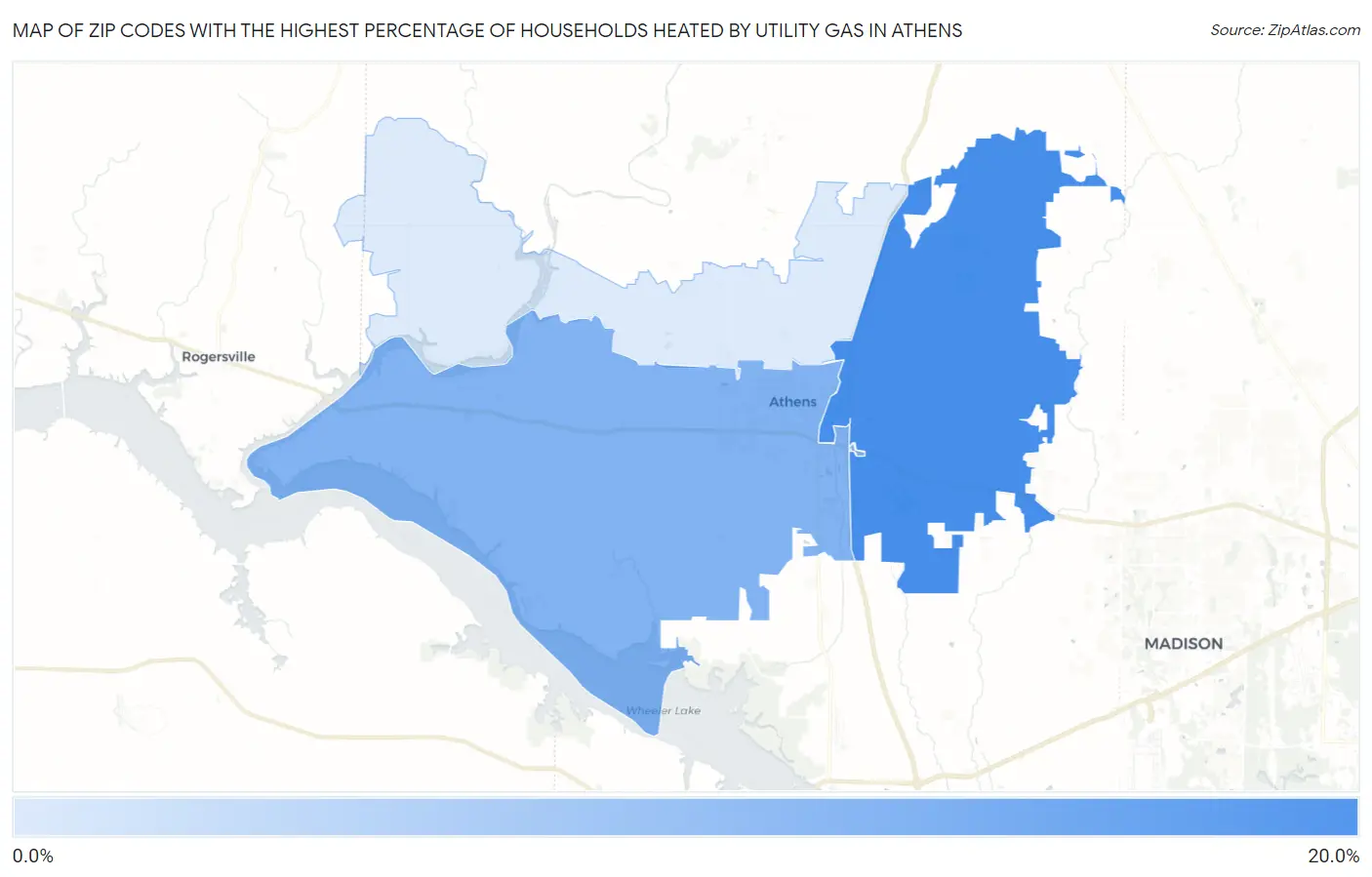 Zip Codes with the Highest Percentage of Households Heated by Utility Gas in Athens Map