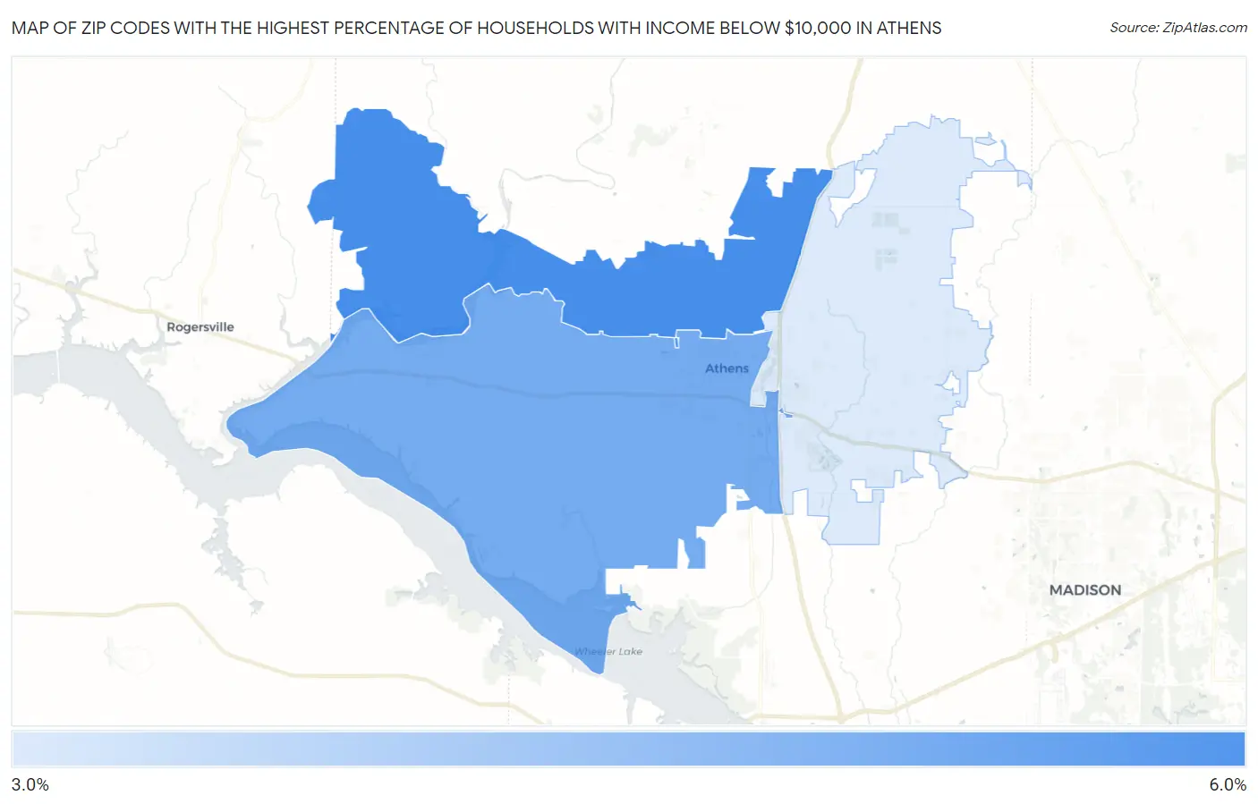 Zip Codes with the Highest Percentage of Households with Income Below $10,000 in Athens Map