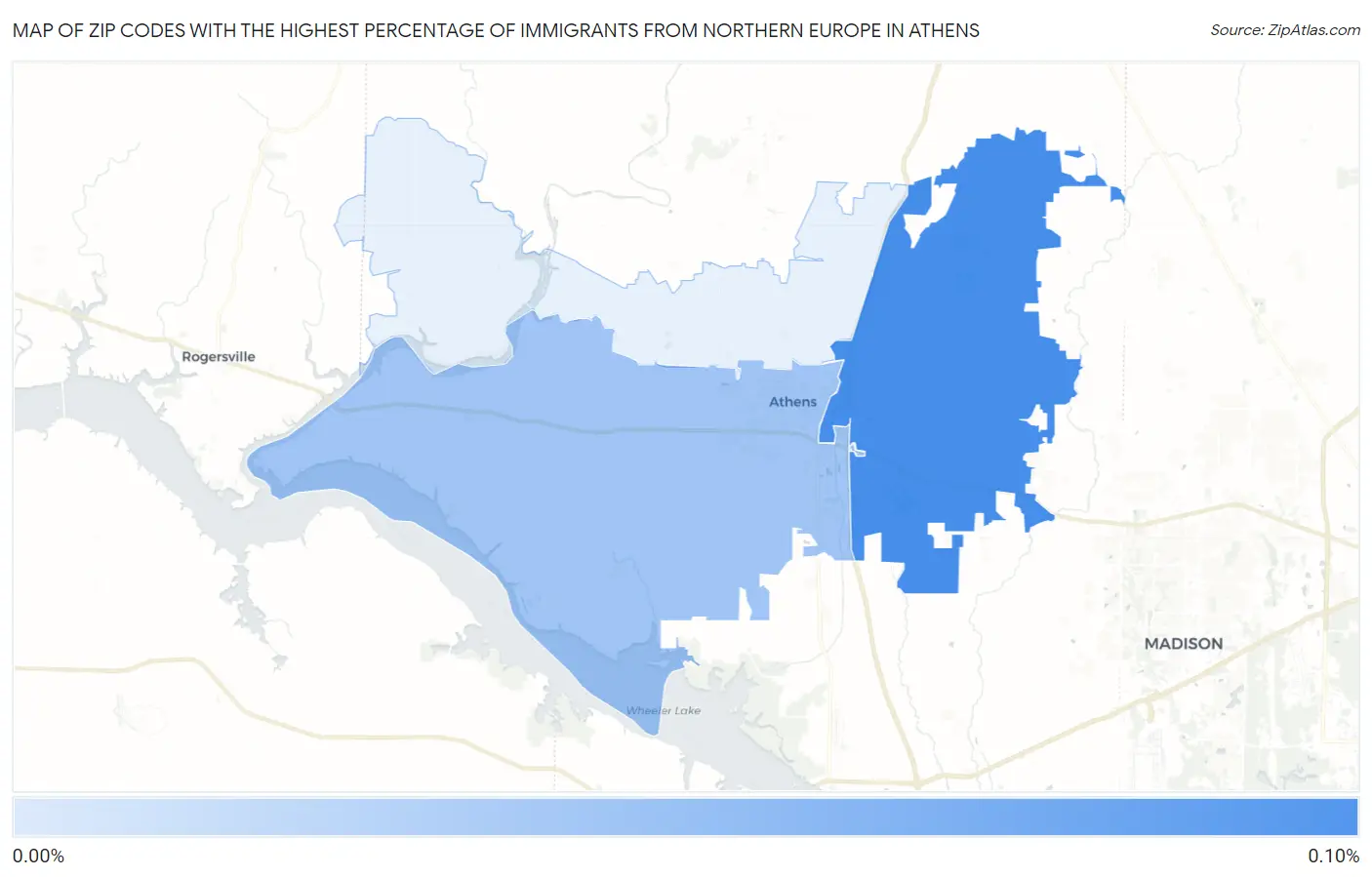 Zip Codes with the Highest Percentage of Immigrants from Northern Europe in Athens Map