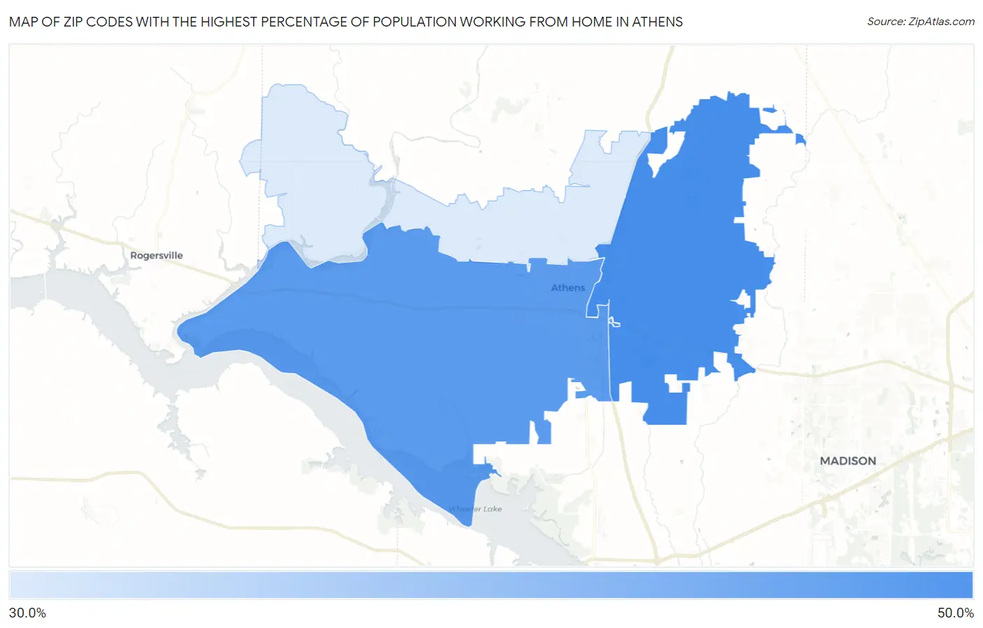 Zip Codes with the Highest Percentage of Population Working from Home in Athens Map