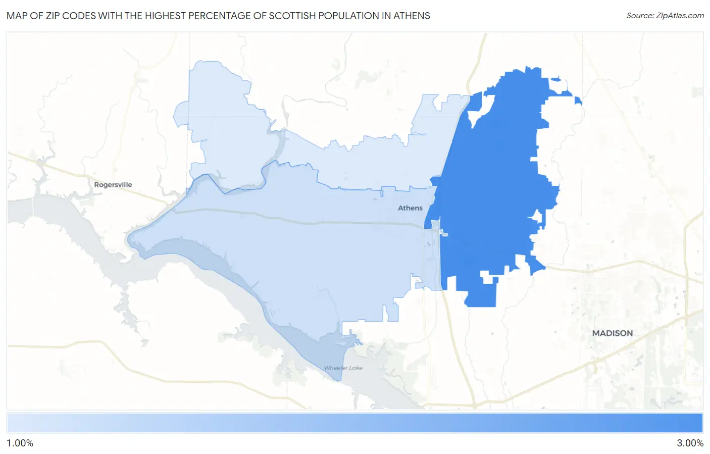 Zip Codes with the Highest Percentage of Scottish Population in Athens Map