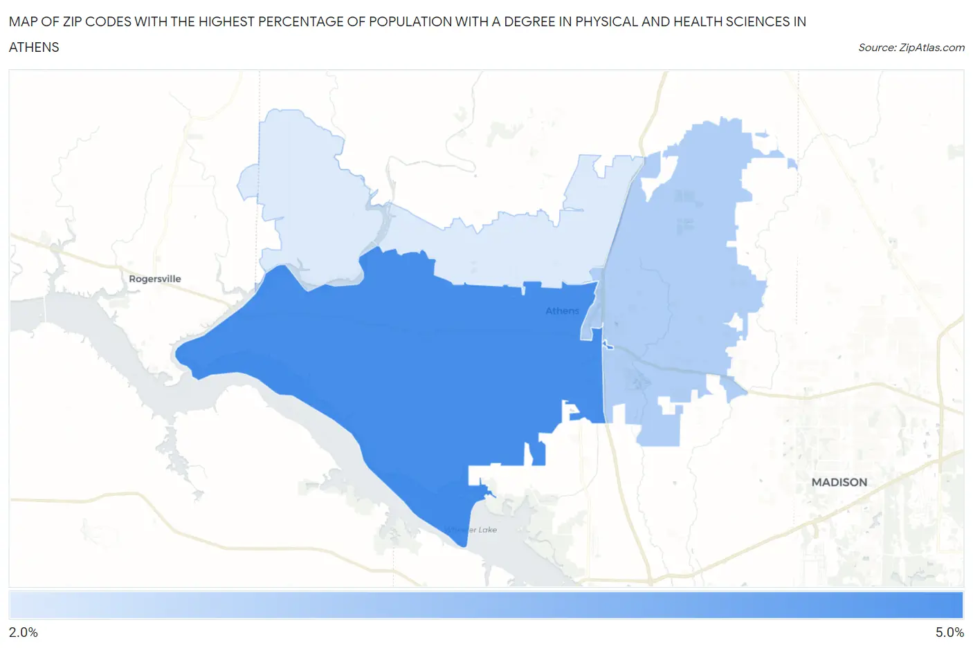 Zip Codes with the Highest Percentage of Population with a Degree in Physical and Health Sciences in Athens Map