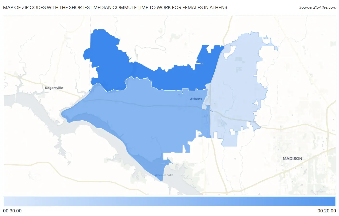 Zip Codes with the Shortest Median Commute Time to Work for Females in Athens Map