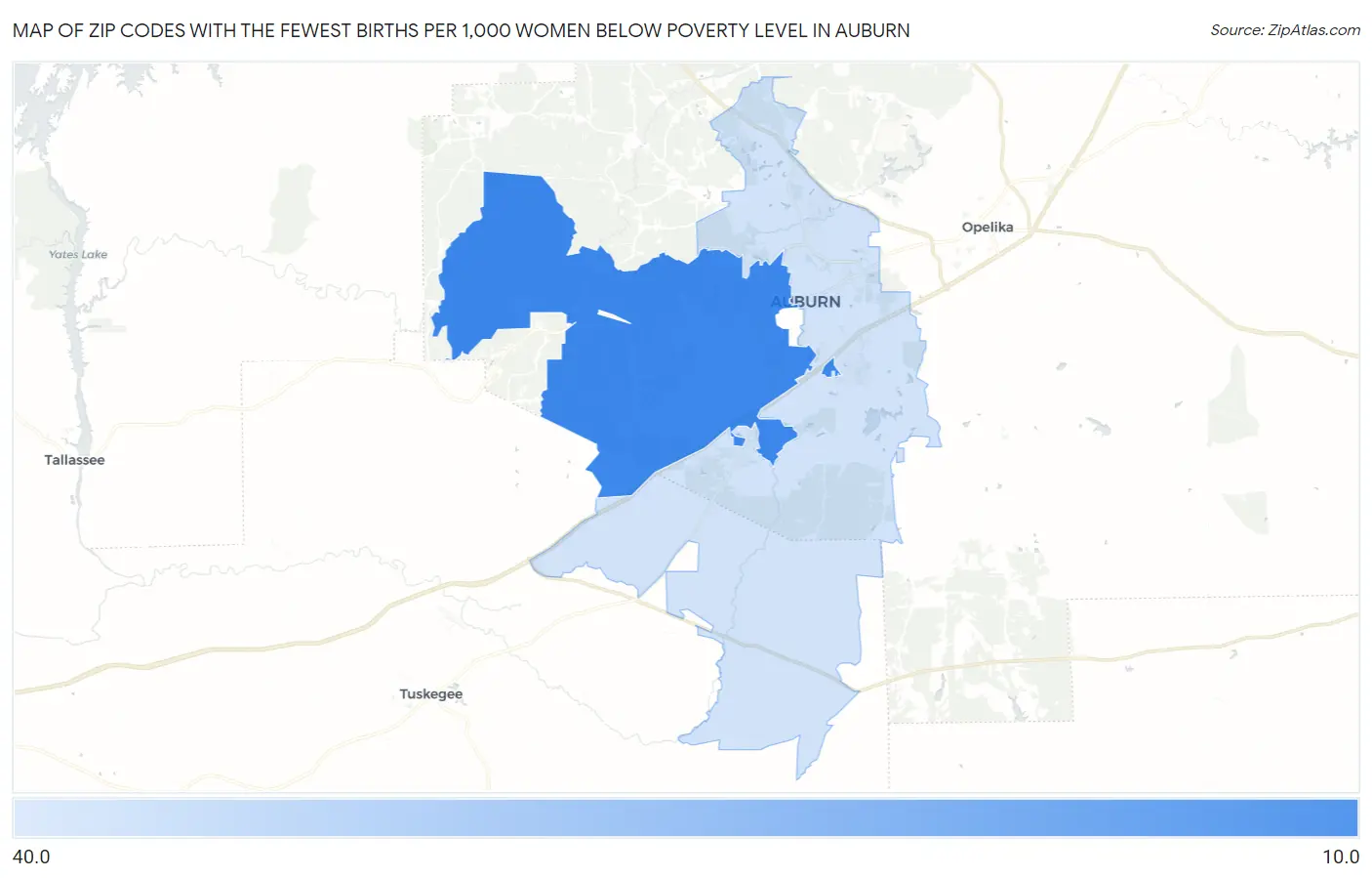 Zip Codes with the Fewest Births per 1,000 Women Below Poverty Level in Auburn Map