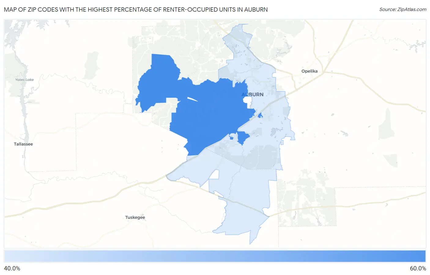 Zip Codes with the Highest Percentage of Renter-Occupied Units in Auburn Map
