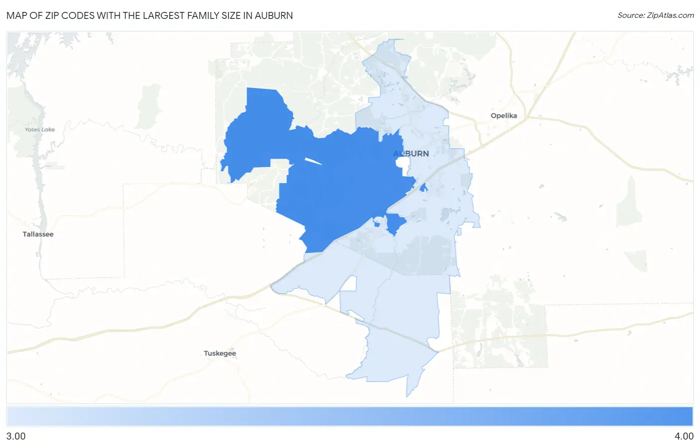 Zip Codes with the Largest Family Size in Auburn Map
