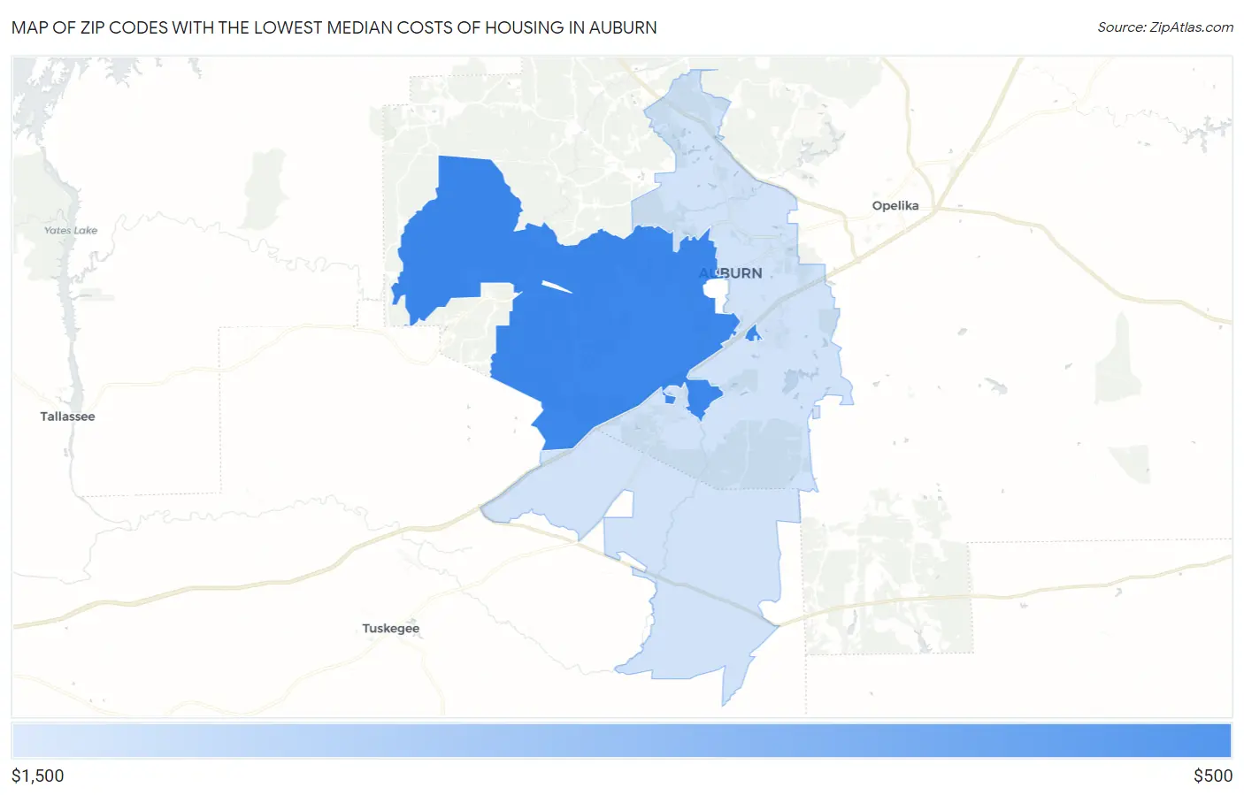 Zip Codes with the Lowest Median Costs of Housing in Auburn Map