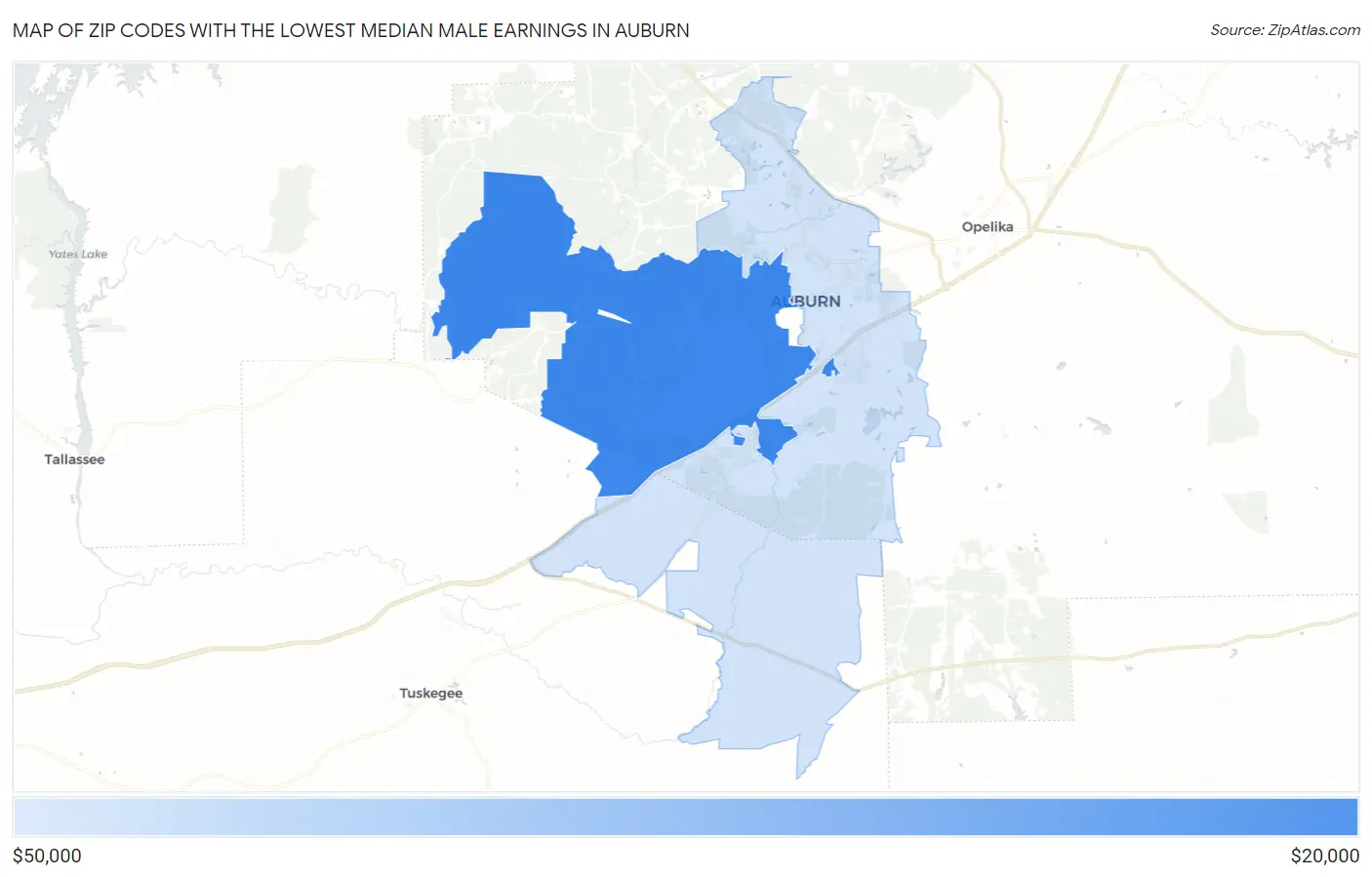 Zip Codes with the Lowest Median Male Earnings in Auburn Map