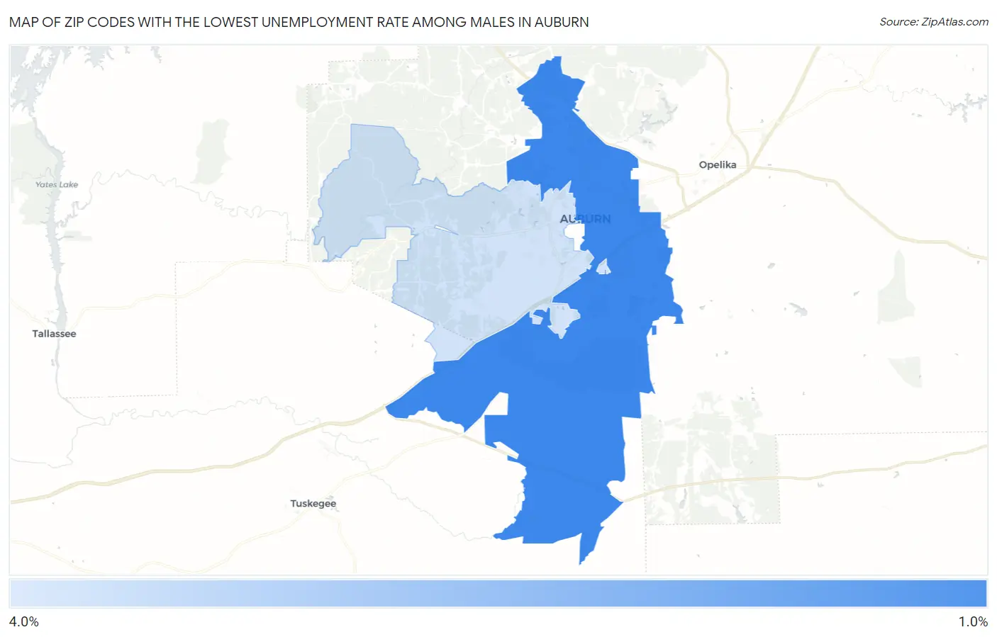 Zip Codes with the Lowest Unemployment Rate Among Males in Auburn Map