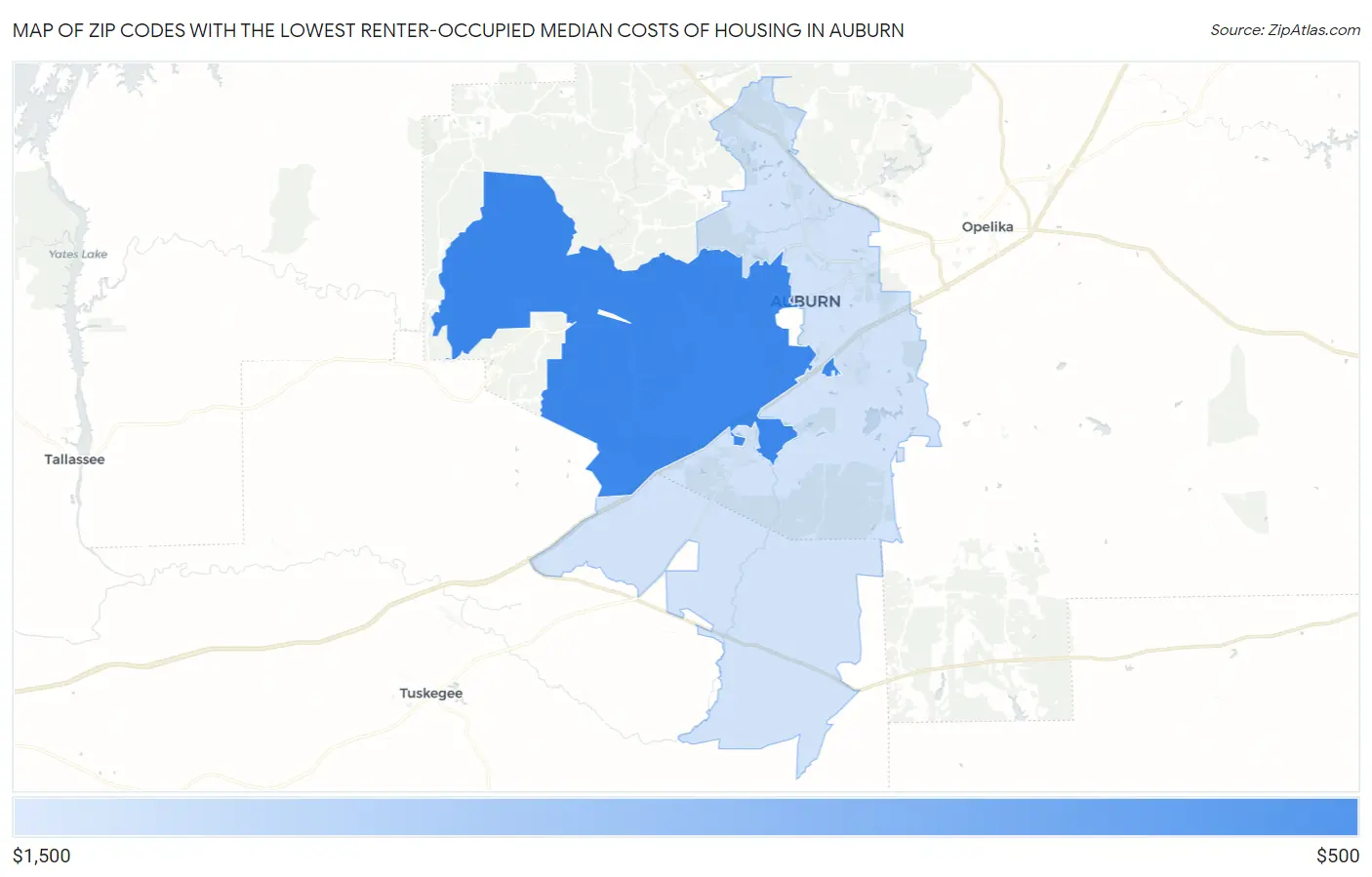 Zip Codes with the Lowest Renter-Occupied Median Costs of Housing in Auburn Map