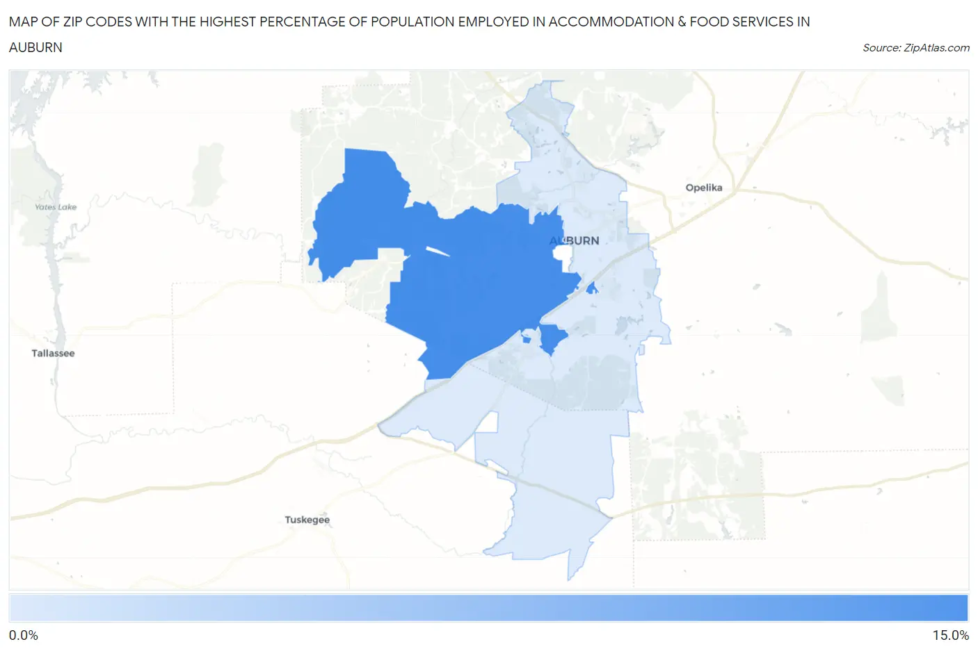 Zip Codes with the Highest Percentage of Population Employed in Accommodation & Food Services in Auburn Map