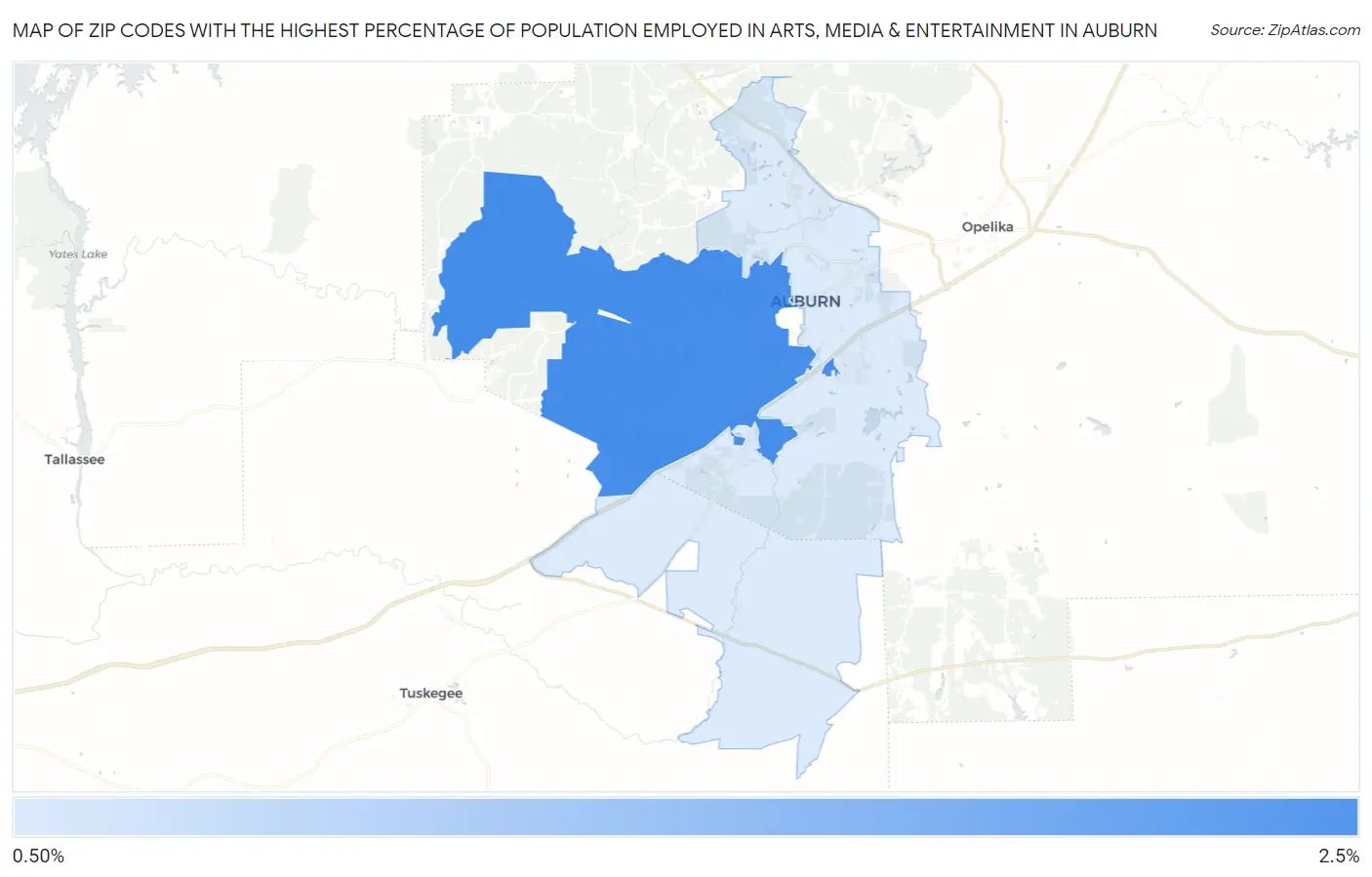 Zip Codes with the Highest Percentage of Population Employed in Arts, Media & Entertainment in Auburn Map
