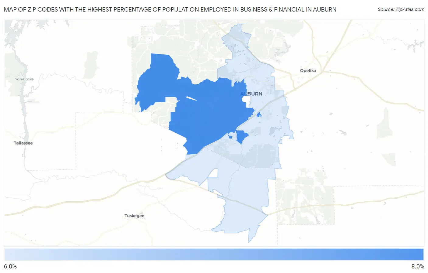 Zip Codes with the Highest Percentage of Population Employed in Business & Financial in Auburn Map