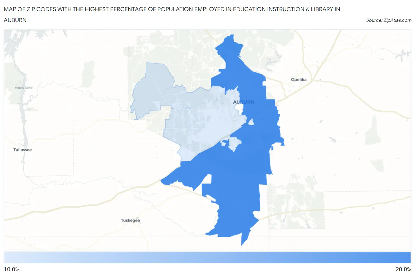 Zip Codes with the Highest Percentage of Population Employed in Education Instruction & Library in Auburn Map
