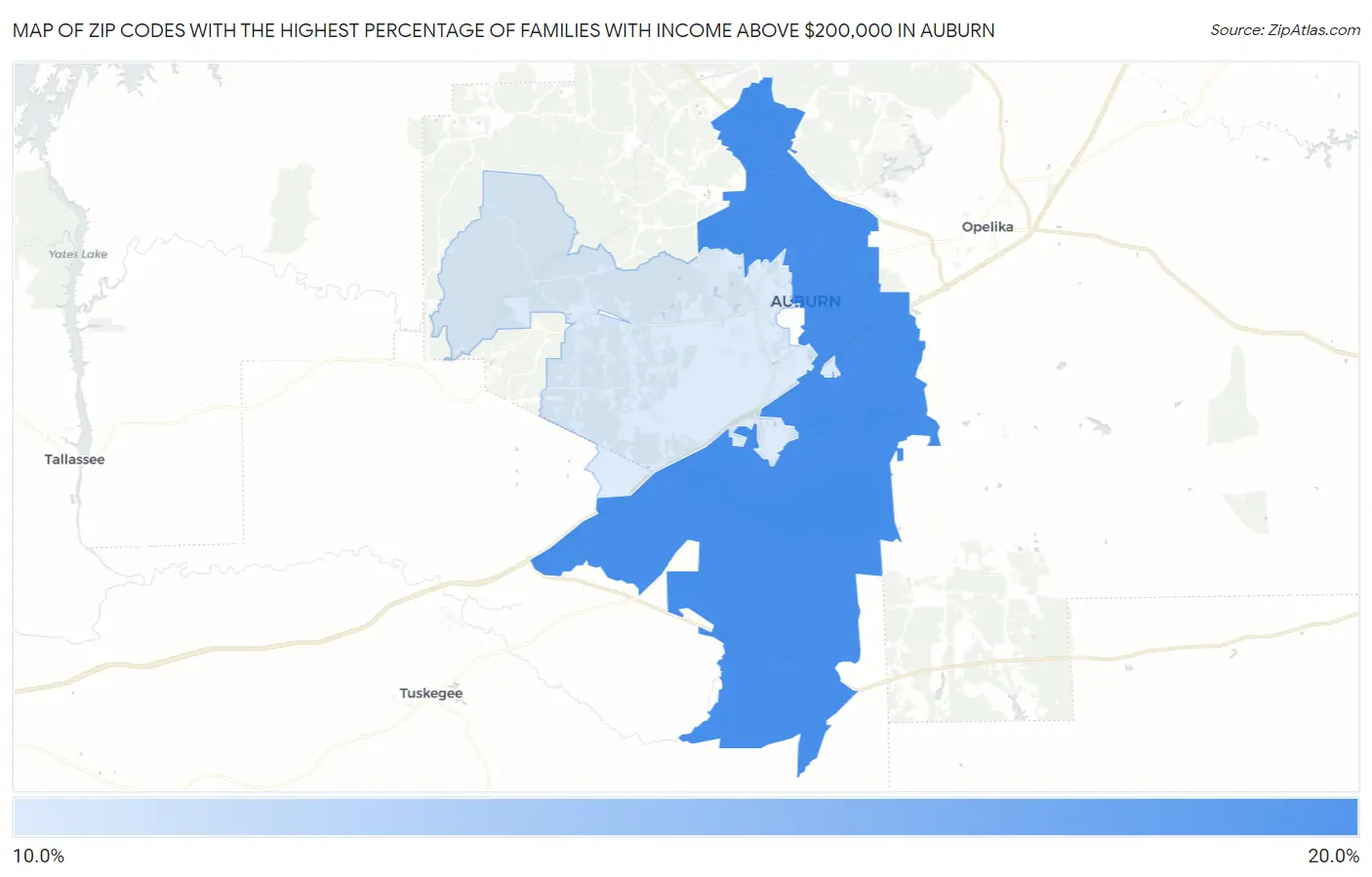 Zip Codes with the Highest Percentage of Families with Income Above $200,000 in Auburn Map