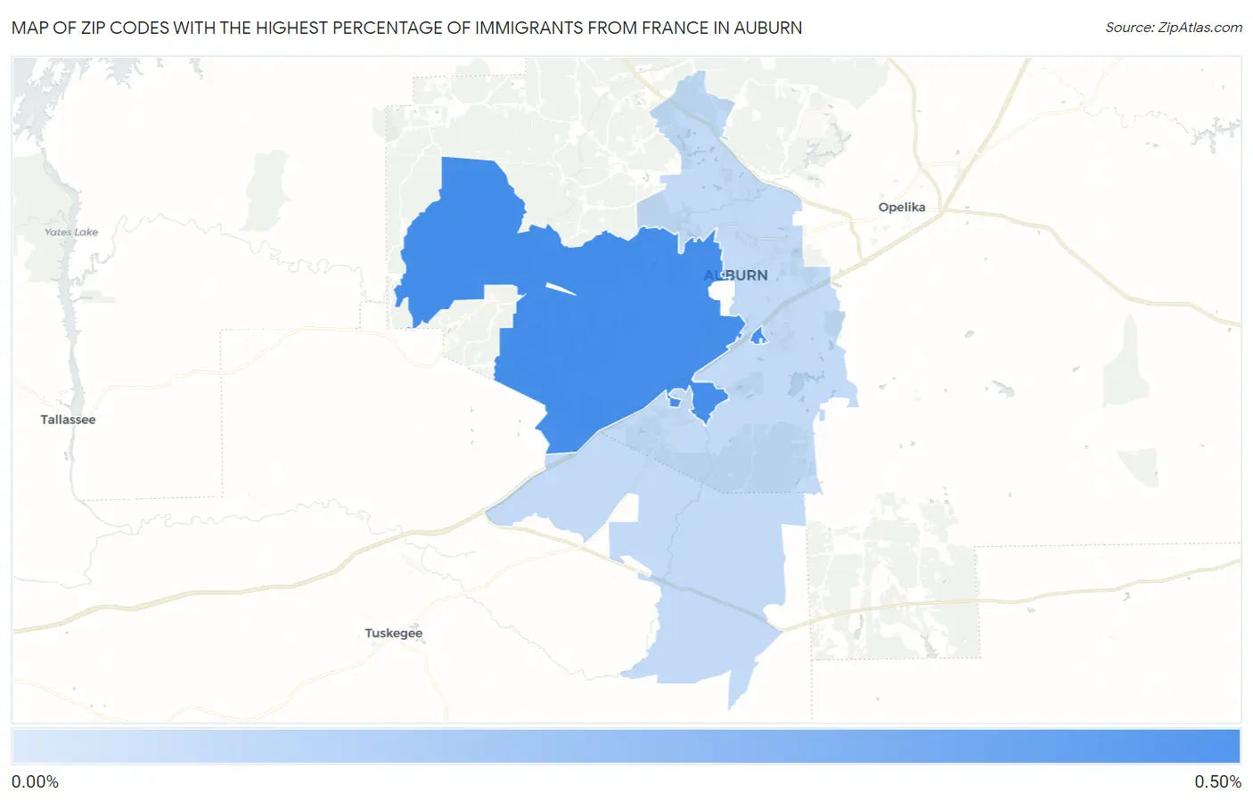 Zip Codes with the Highest Percentage of Immigrants from France in Auburn Map
