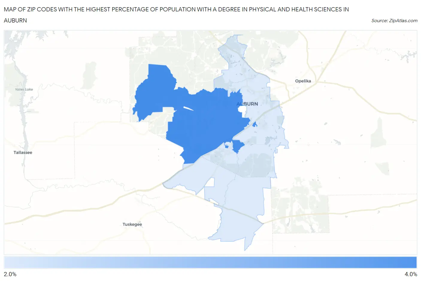 Zip Codes with the Highest Percentage of Population with a Degree in Physical and Health Sciences in Auburn Map