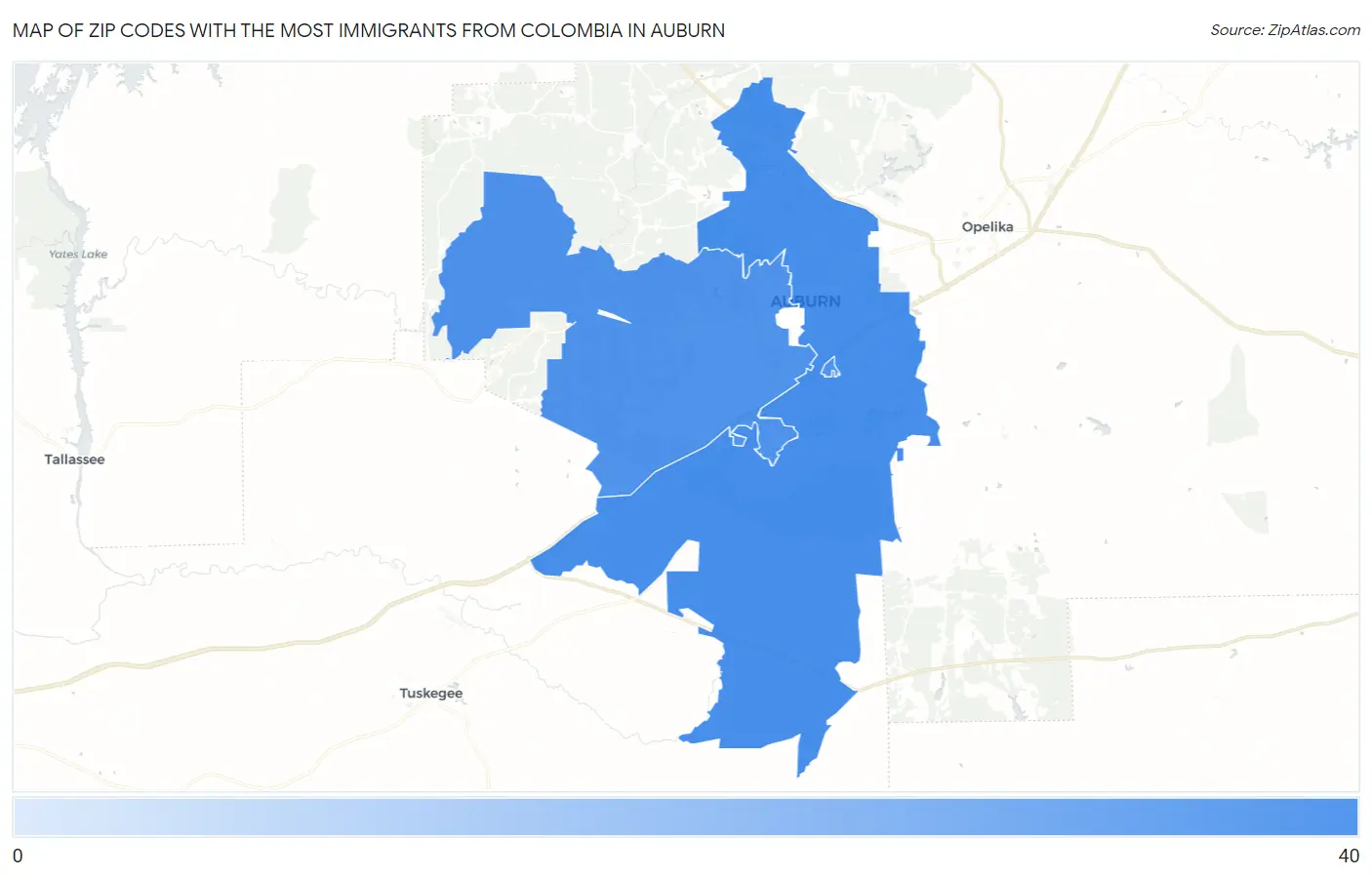 Zip Codes with the Most Immigrants from Colombia in Auburn Map