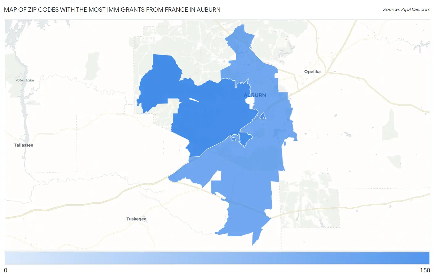 Zip Codes with the Most Immigrants from France in Auburn Map
