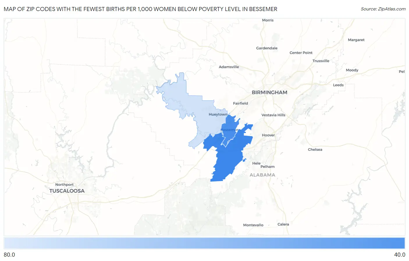 Zip Codes with the Fewest Births per 1,000 Women Below Poverty Level in Bessemer Map