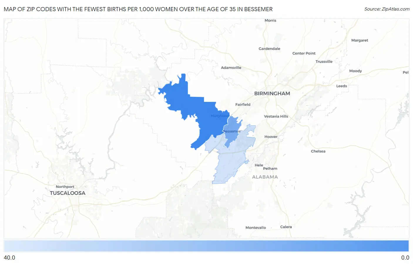 Zip Codes with the Fewest Births per 1,000 Women Over the Age of 35 in Bessemer Map