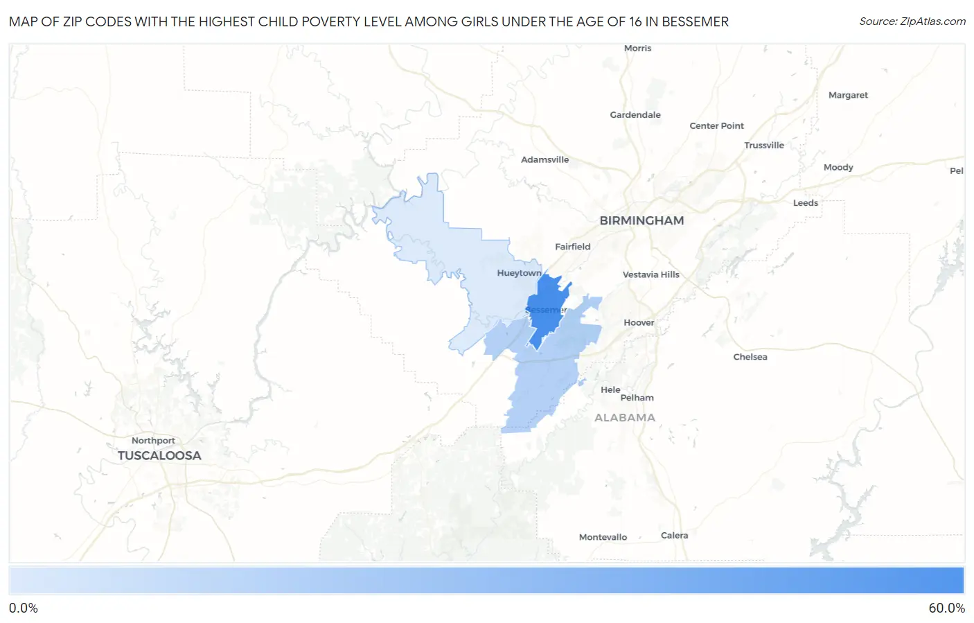 Zip Codes with the Highest Child Poverty Level Among Girls Under the Age of 16 in Bessemer Map