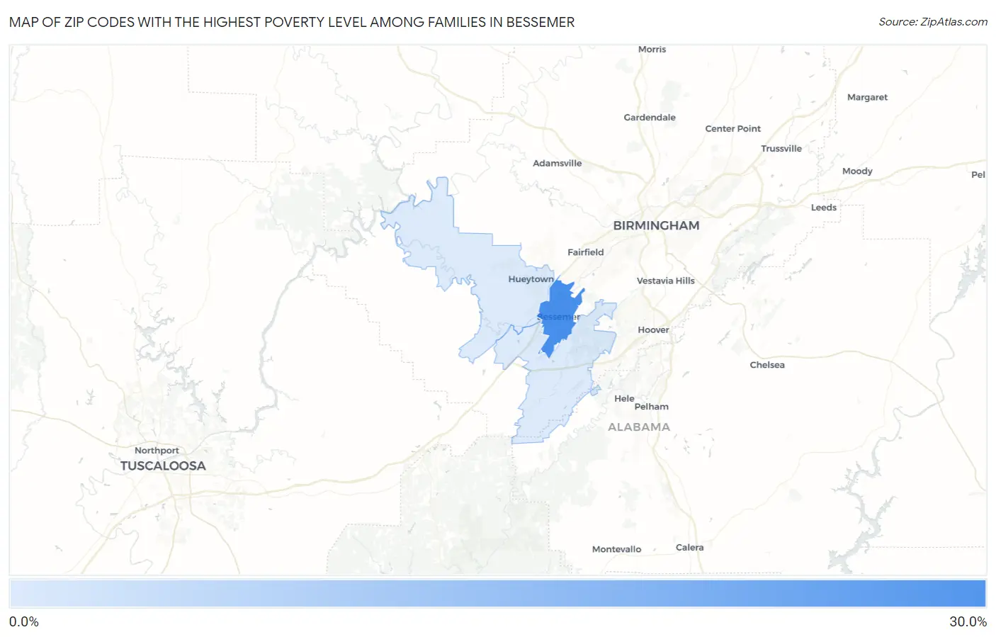 Zip Codes with the Highest Poverty Level Among Families in Bessemer Map