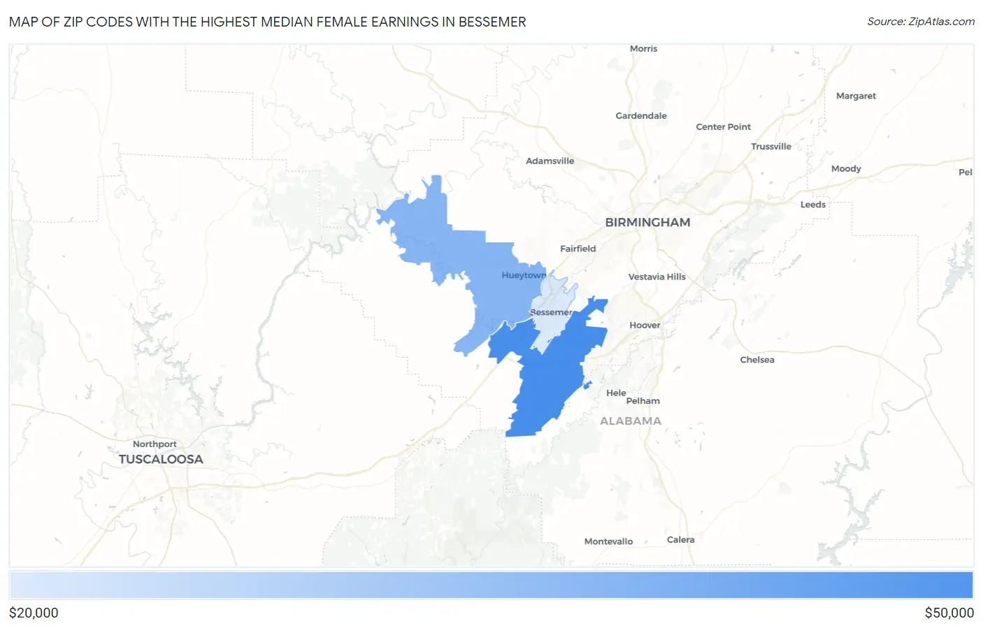 Zip Codes with the Highest Median Female Earnings in Bessemer Map