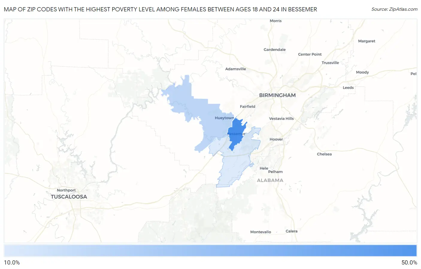 Zip Codes with the Highest Poverty Level Among Females Between Ages 18 and 24 in Bessemer Map