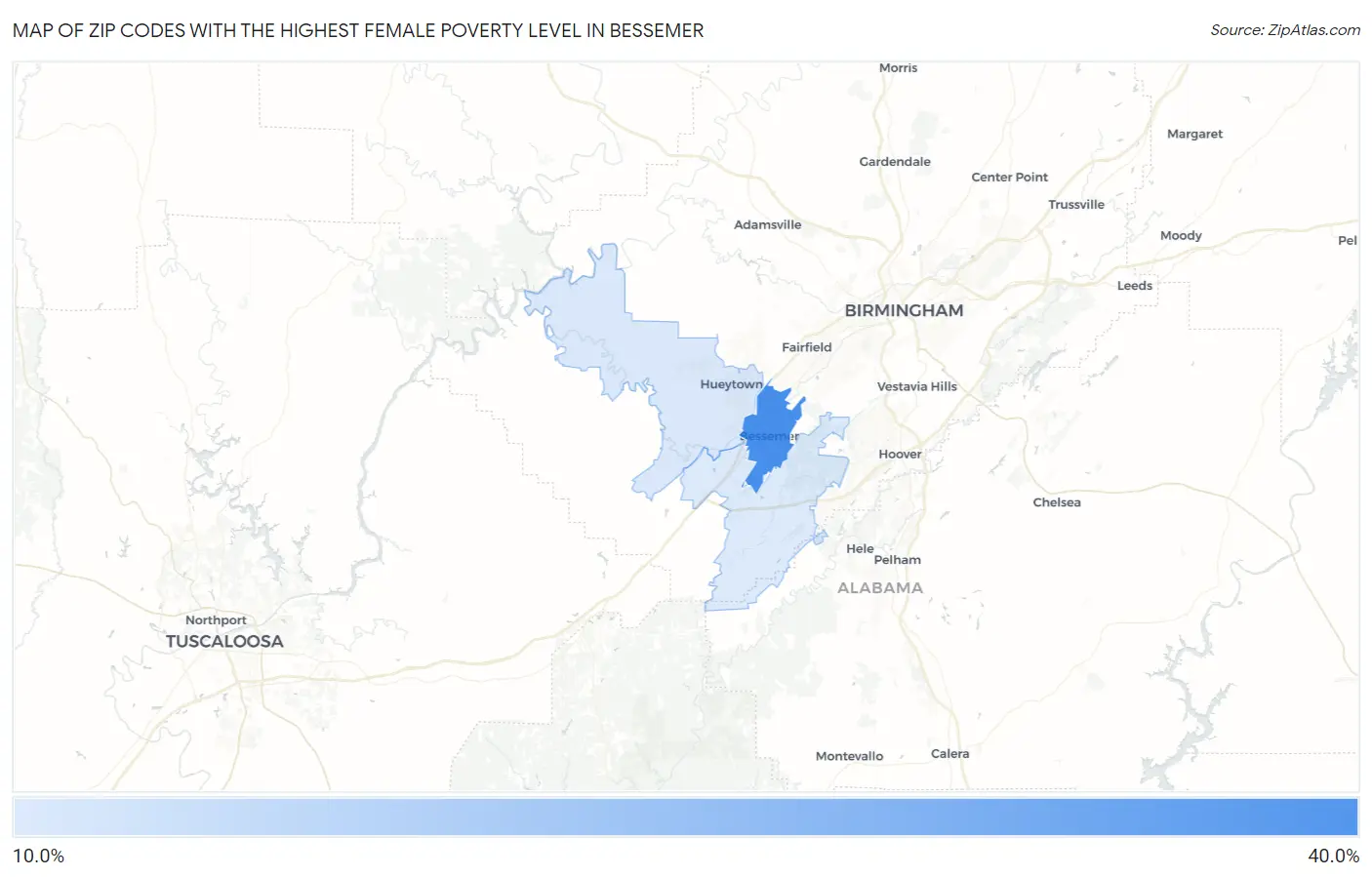Zip Codes with the Highest Female Poverty Level in Bessemer Map