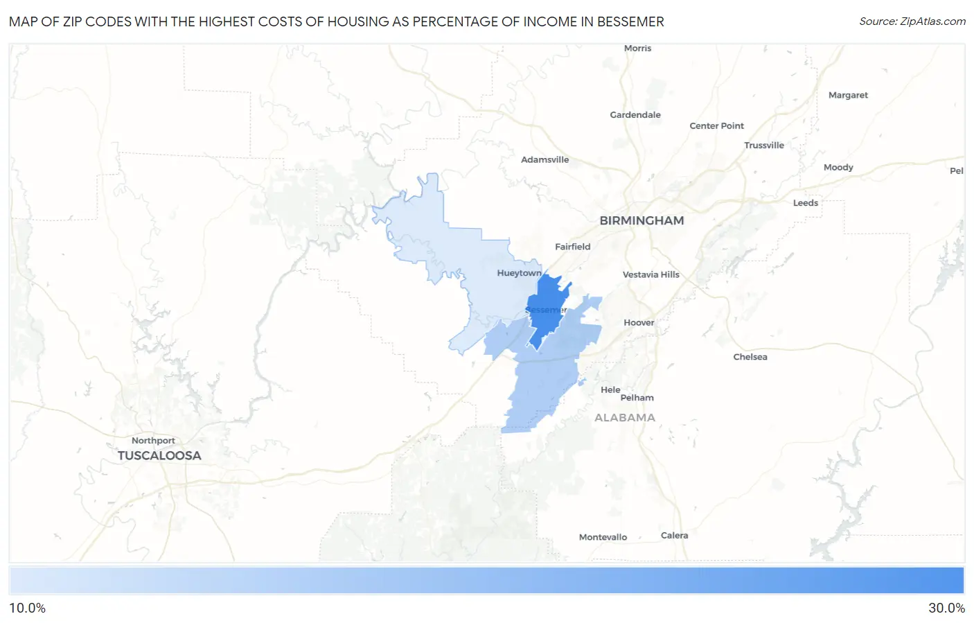 Zip Codes with the Highest Costs of Housing as Percentage of Income in Bessemer Map