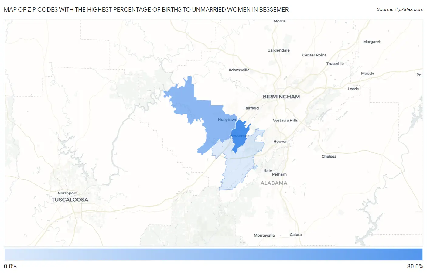Zip Codes with the Highest Percentage of Births to Unmarried Women in Bessemer Map
