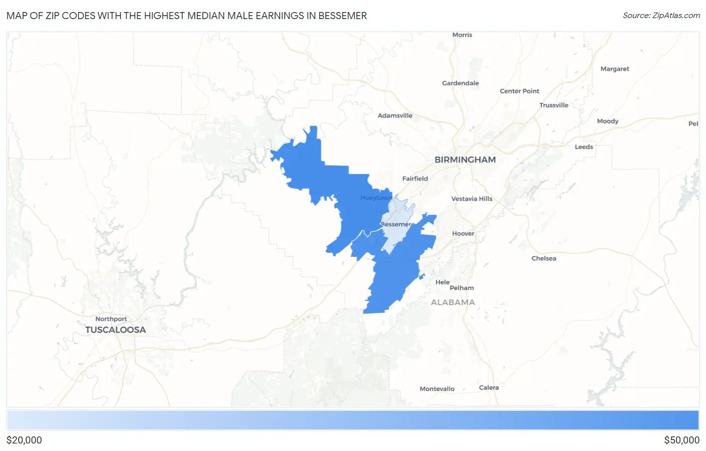 Zip Codes with the Highest Median Male Earnings in Bessemer Map