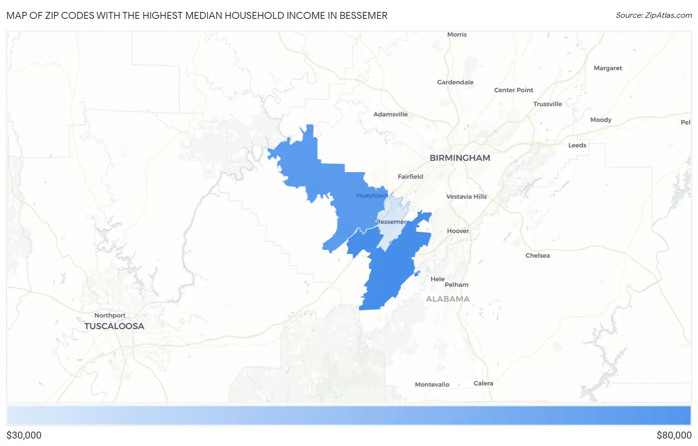 Zip Codes with the Highest Median Household Income in Bessemer Map