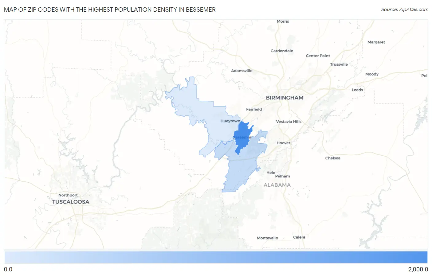 Zip Codes with the Highest Population Density in Bessemer Map