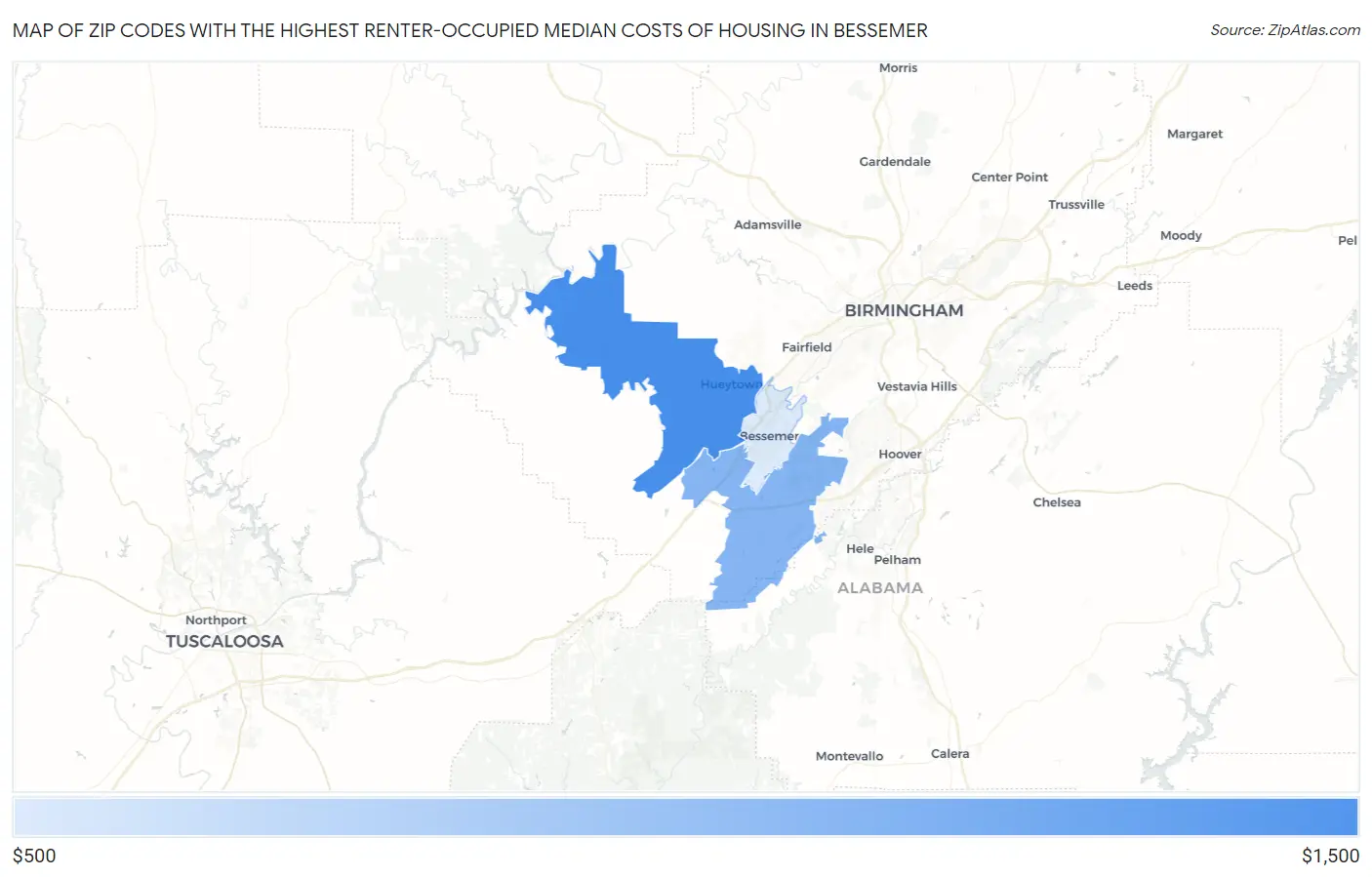 Zip Codes with the Highest Renter-Occupied Median Costs of Housing in Bessemer Map