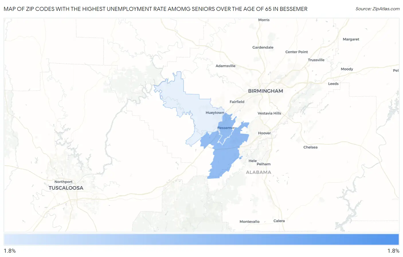 Zip Codes with the Highest Unemployment Rate Amomg Seniors Over the Age of 65 in Bessemer Map