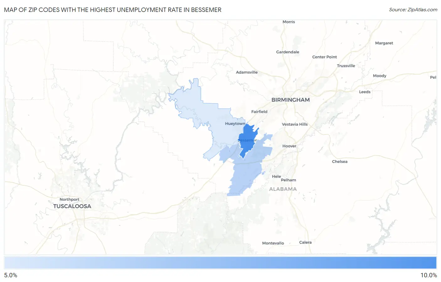 Zip Codes with the Highest Unemployment Rate in Bessemer Map