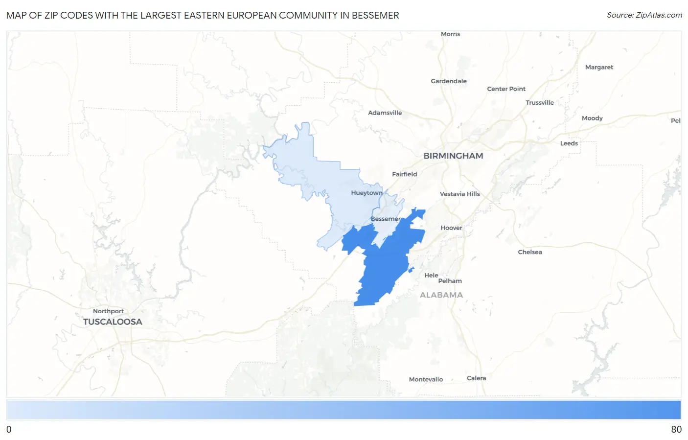 Zip Codes with the Largest Eastern European Community in Bessemer Map