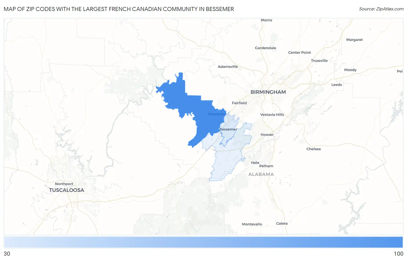 Zip Codes with the Largest French Canadian Community in Bessemer Map
