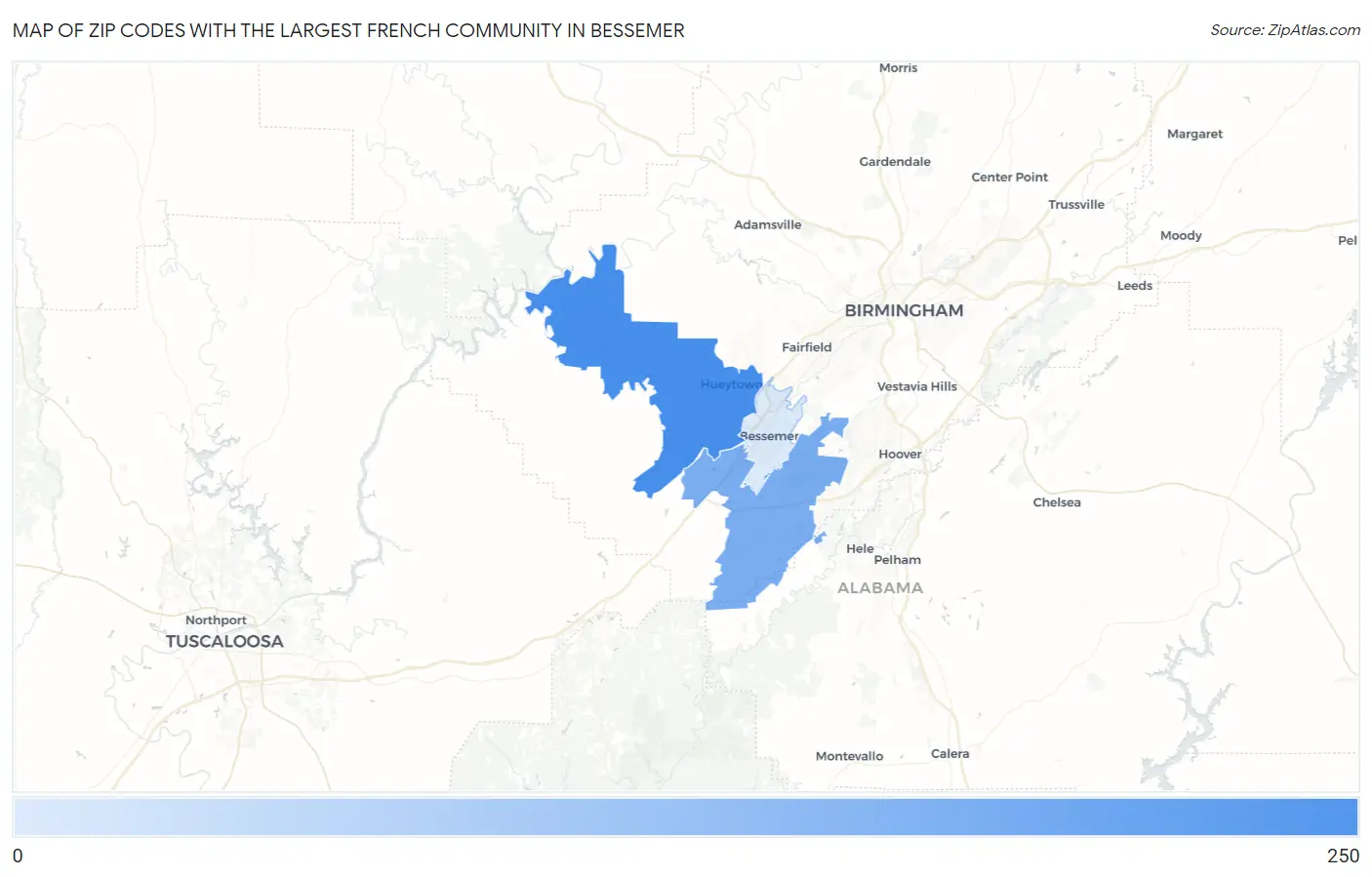 Zip Codes with the Largest French Community in Bessemer Map