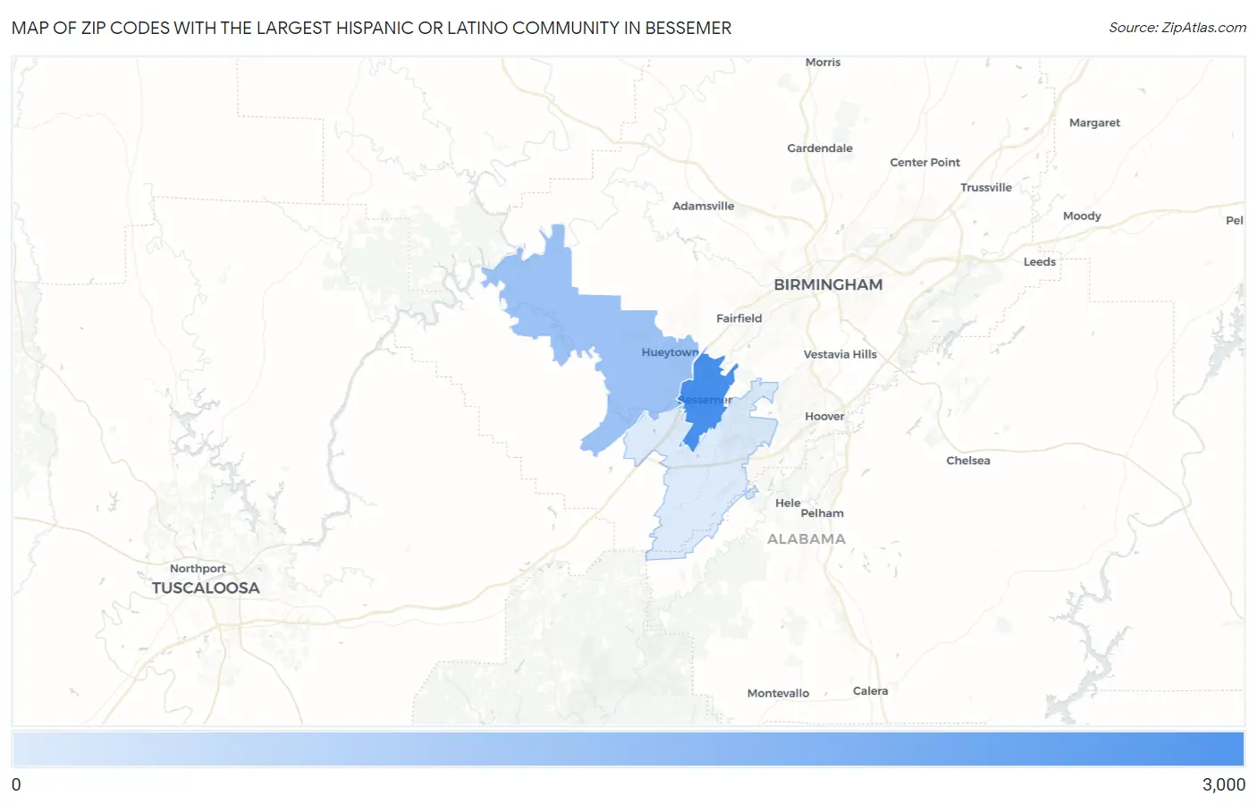 Zip Codes with the Largest Hispanic or Latino Community in Bessemer Map